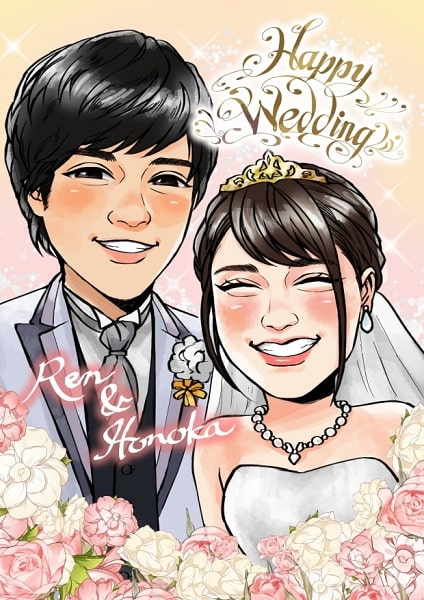 似顔絵師おさとうの結婚祝いの作品