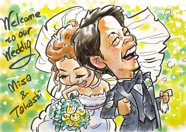 似顔絵師ひでおの結婚祝いの作品、結婚記念日の参考