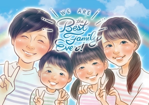 似顔絵師マルの家族一同の作品、孫の誕生日祝いに