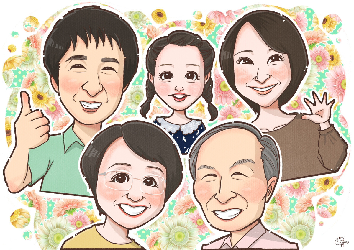 敬老の日の手形アートに添える似顔絵