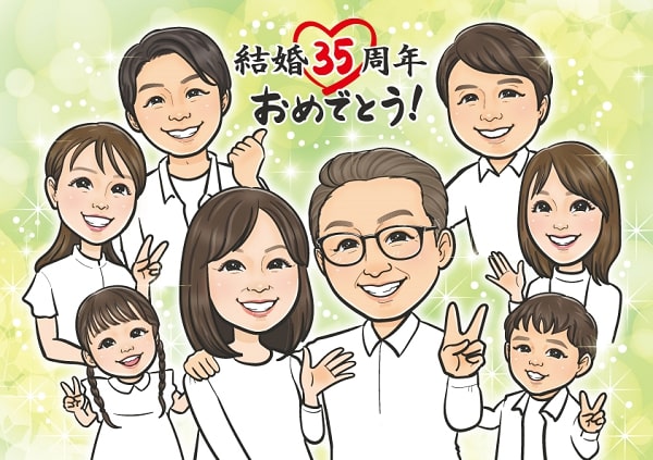 似顔絵師あいはらちえの結婚記念日の作品、入学祝いの参考に